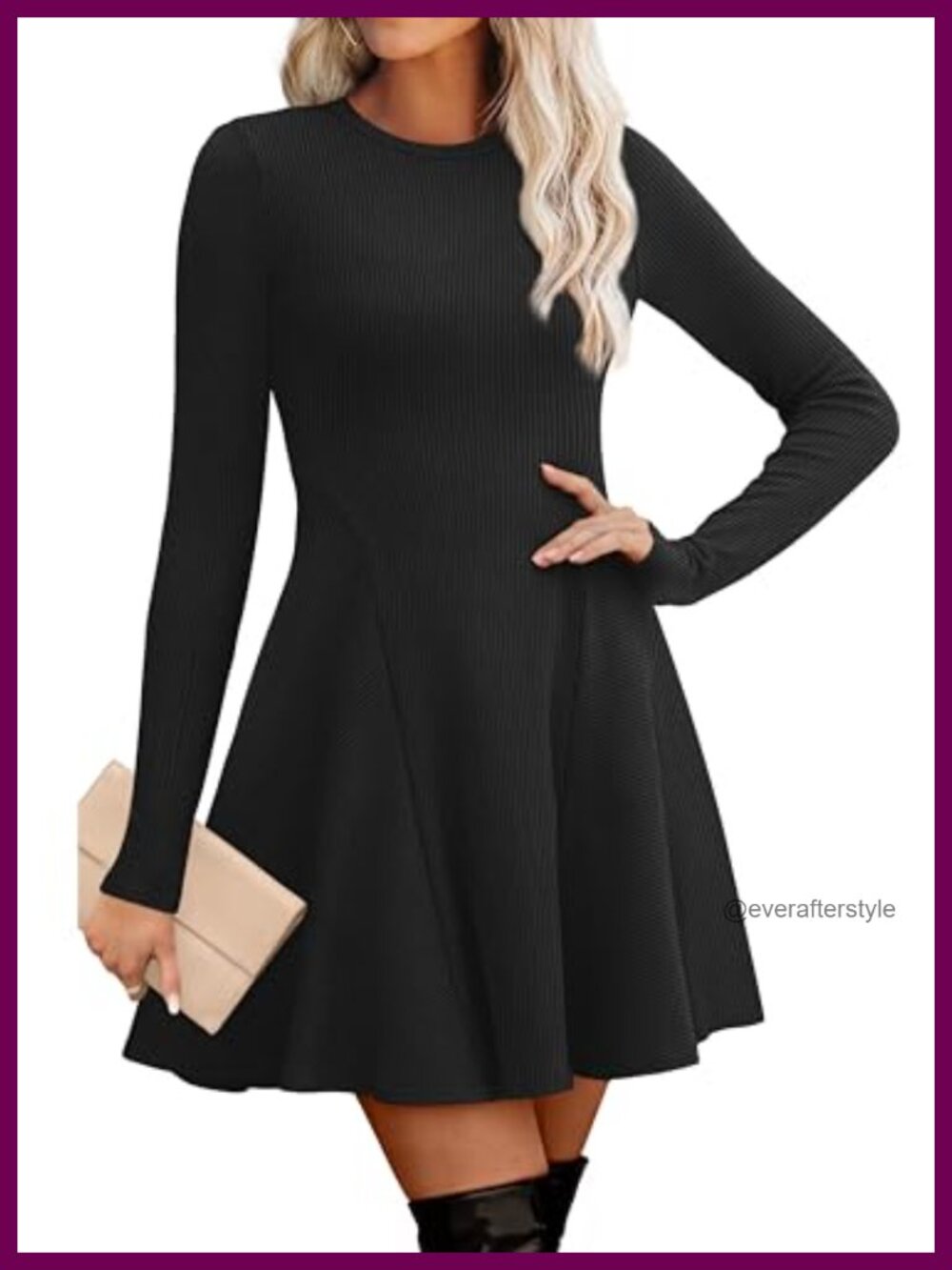 OFEEFAN Women's Ribbed Knit Long Sleeve Fit and Flare Sweater Dress